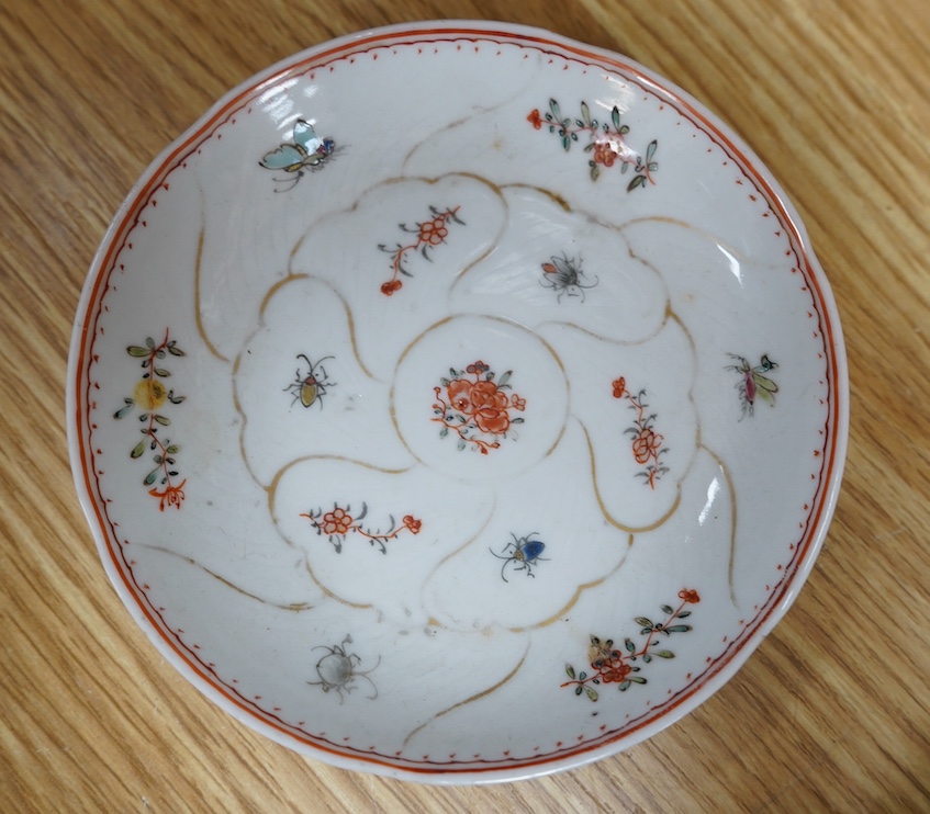 A small group of Chinese and Japanese ceramics to include an 18th century Chinese export teabowl and saucer and a cloisonne cigarette box. Tallest 7cm. Condition - fair to good